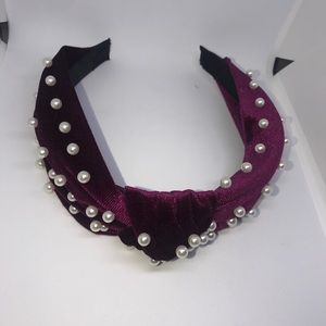 Burgundy Velvet Faux Pearl Knot Headband